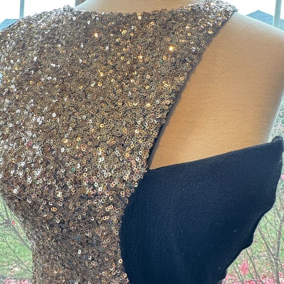 Jean Jail One Shoulder Black Gold Sequin Party Mini Dress - Picture 5 of 11